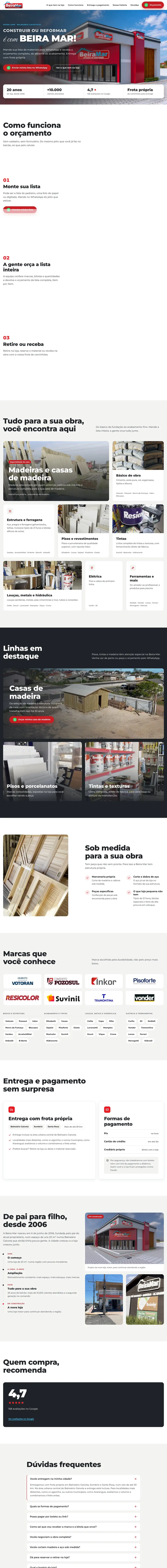 Captura de tela da página completa do site Beira Mar Materiais de Construção, criado pela Ultra Sites