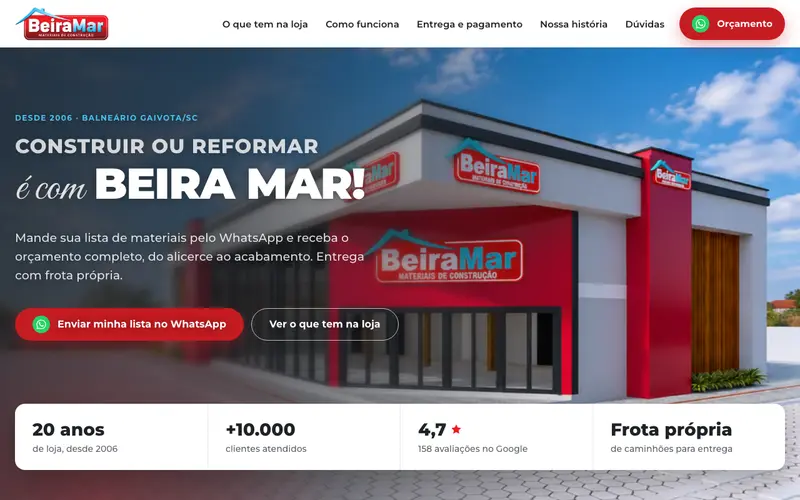 Página inicial do site Beira Mar Materiais de Construção