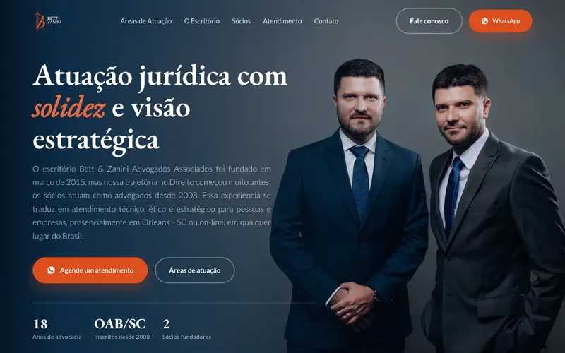 Página inicial do site Bett & Zanini Advogados